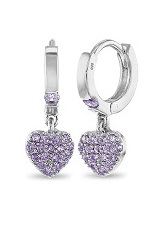 outstanding silver purple cubic zirzonia hoop dangle heart birthstone earrings for babies and kids